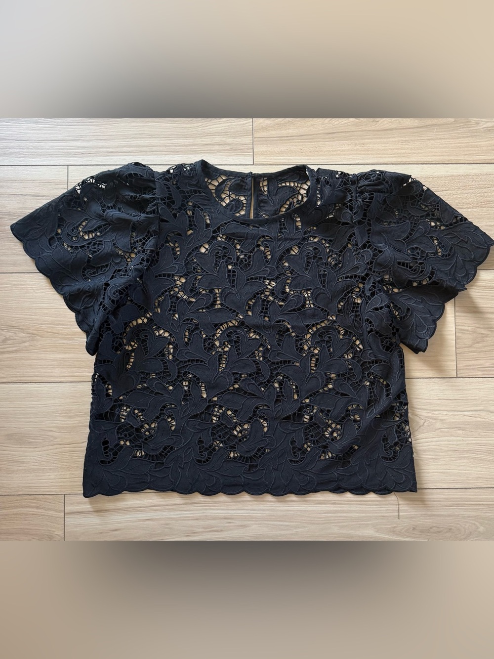 Black Guipure Lace Ruffle Sleeve Blouse Floral Lace Top Fits Approx. Large